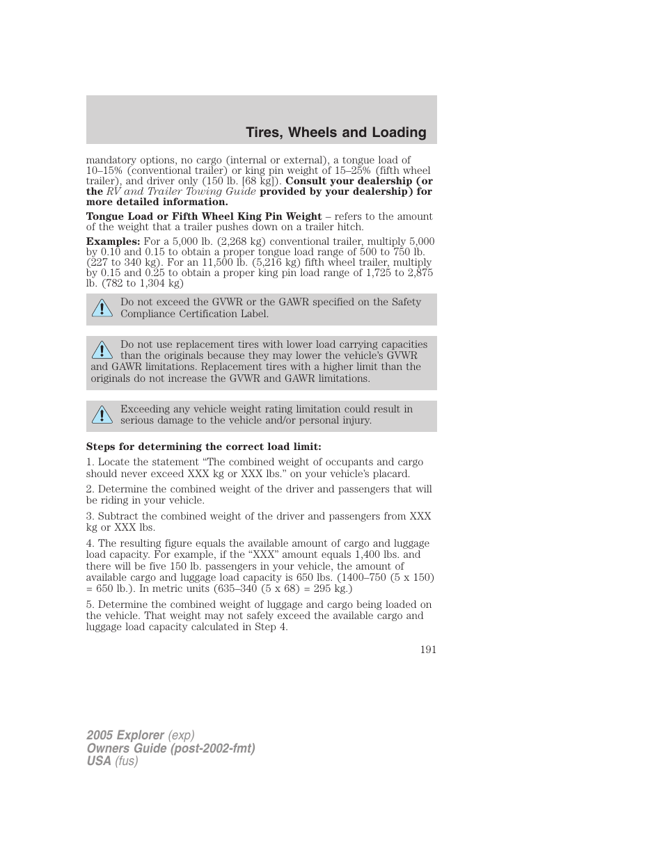 Tires, wheels and loading | FORD 2005 Explorer v.3 User Manual | Page 191 / 312