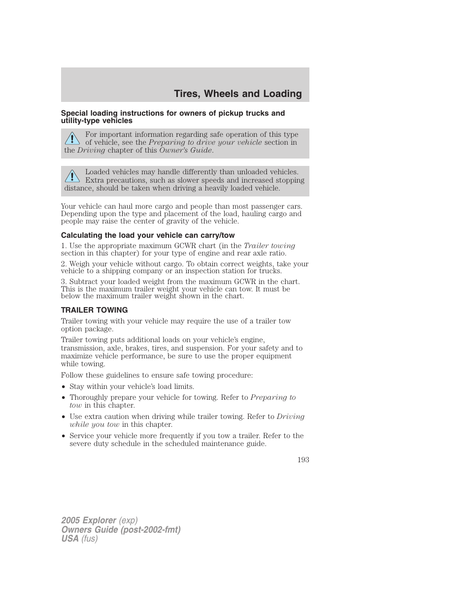 Calculating the load your vehicle can carry/tow, Trailer towing, Tires, wheels and loading | FORD 2005 Explorer v.3 User Manual | Page 193 / 312