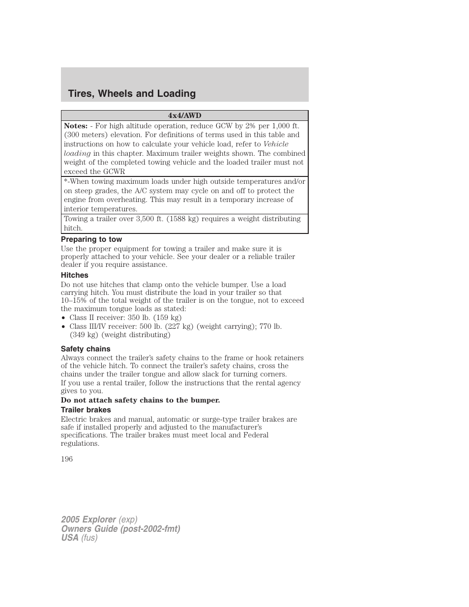 Preparing to tow, Hitches, Safety chains | Trailer brakes, Tires, wheels and loading | FORD 2005 Explorer v.3 User Manual | Page 196 / 312