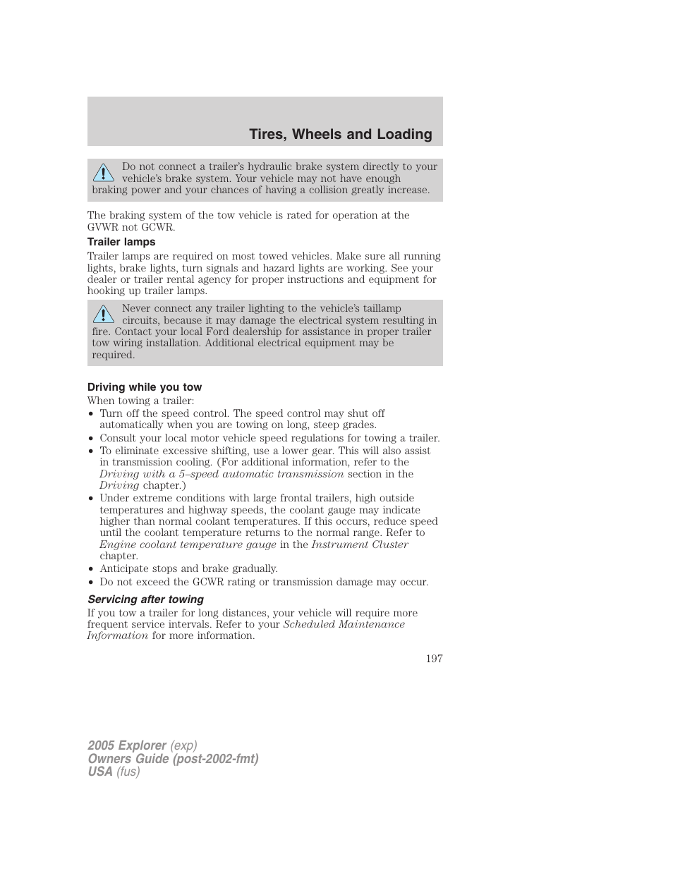 Trailer lamps, Driving while you tow, Servicing after towing | Tires, wheels and loading | FORD 2005 Explorer v.3 User Manual | Page 197 / 312