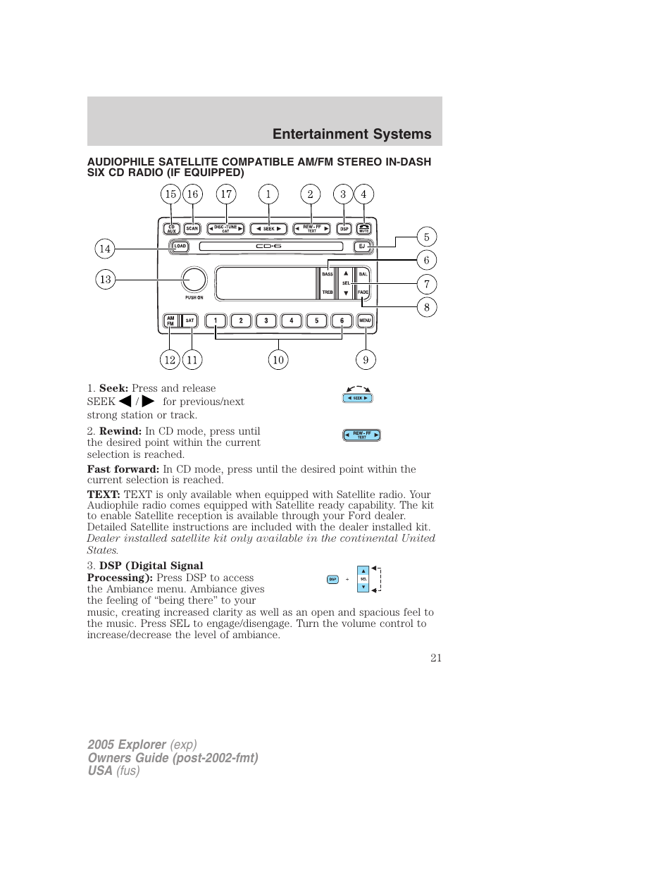 Am/fm stereo with in-dash six cd, Entertainment systems | FORD 2005 Explorer v.3 User Manual | Page 21 / 312