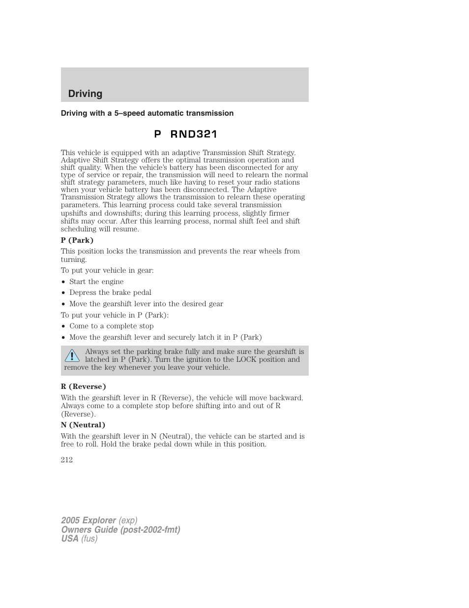 Driving with a 5–speed automatic transmission, Driving | FORD 2005 Explorer v.3 User Manual | Page 212 / 312