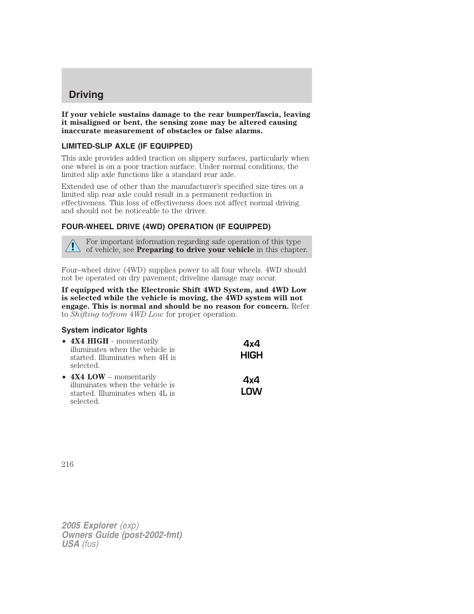 Limited-slip axle (if equipped), Four-wheel drive (4wd) operation (if equipped), System indicator lights | Driving | FORD 2005 Explorer v.3 User Manual | Page 216 / 312