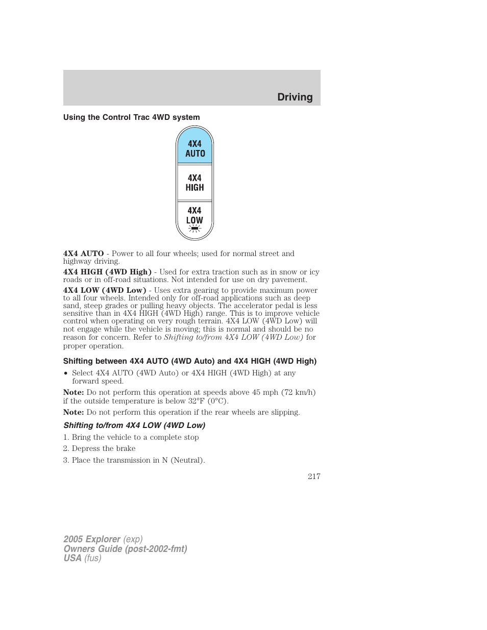Using the control trac 4wd system, Shifting to/from 4x4 low (4wd low), Driving | FORD 2005 Explorer v.3 User Manual | Page 217 / 312