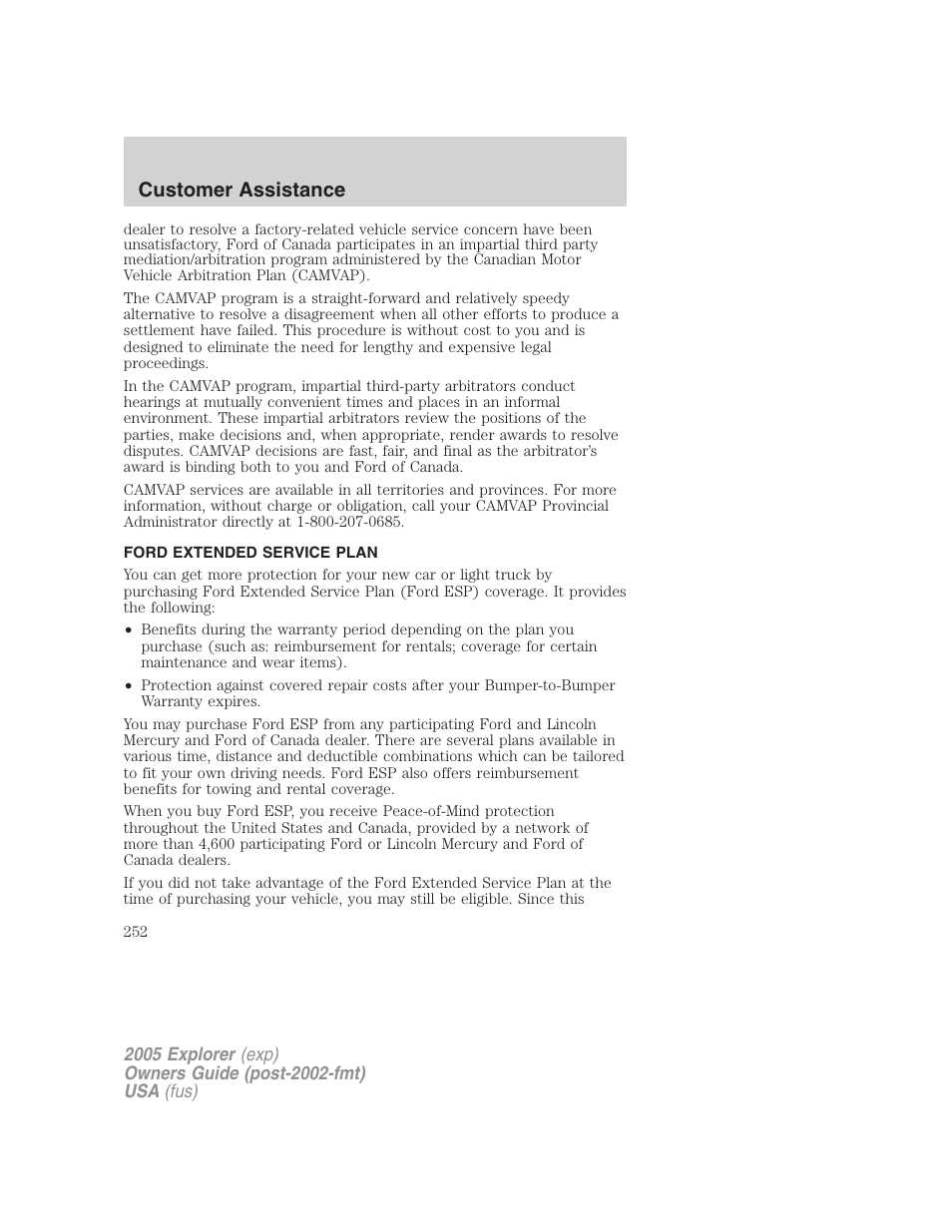 Ford extended service plan, Customer assistance | FORD 2005 Explorer v.3 User Manual | Page 252 / 312