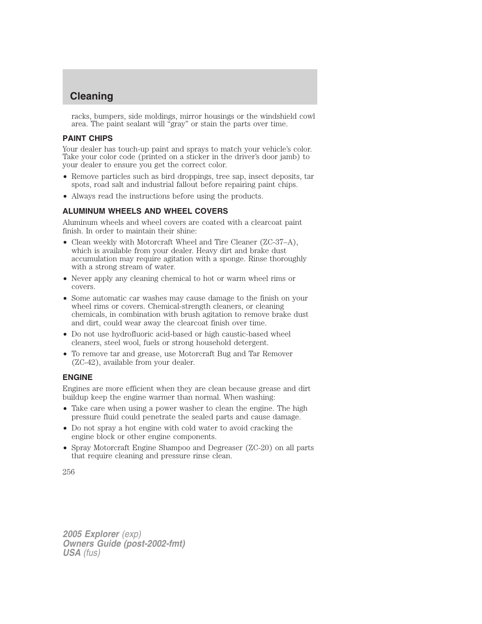 Paint chips, Aluminum wheels and wheel covers, Engine | Cleaning | FORD 2005 Explorer v.3 User Manual | Page 256 / 312