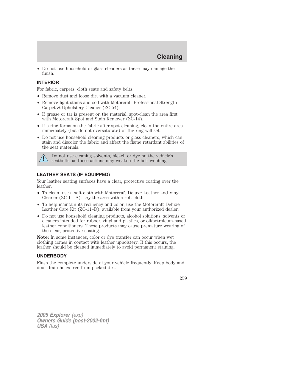 Interior, Leather seats (if equipped), Underbody | Cleaning | FORD 2005 Explorer v.3 User Manual | Page 259 / 312