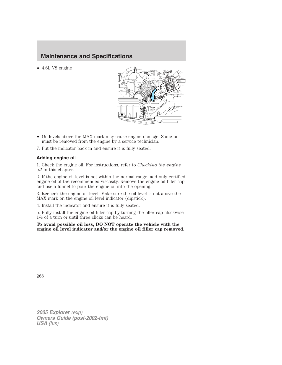 Adding engine oil, Maintenance and specifications | FORD 2005 Explorer v.3 User Manual | Page 268 / 312