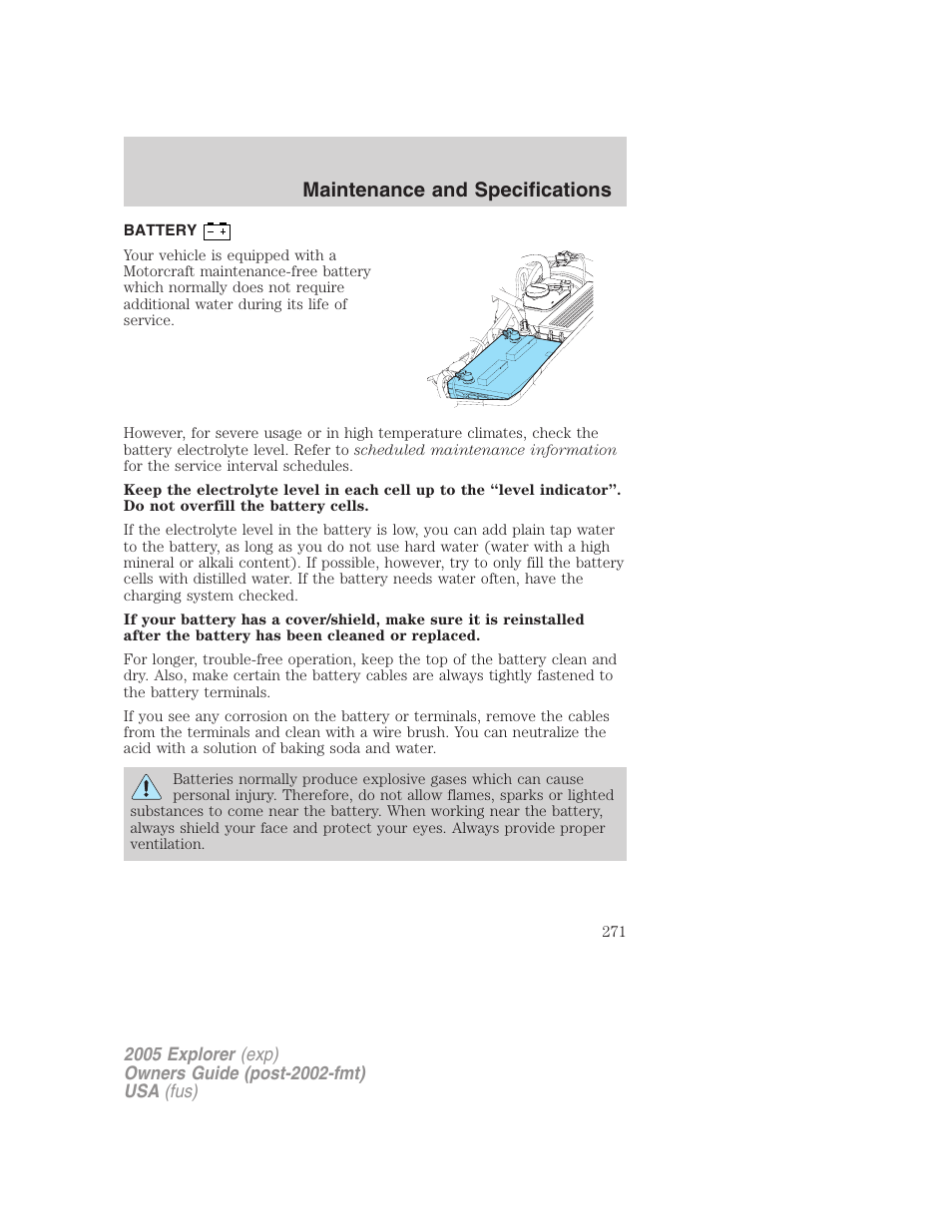 Battery, Maintenance and specifications | FORD 2005 Explorer v.3 User Manual | Page 271 / 312