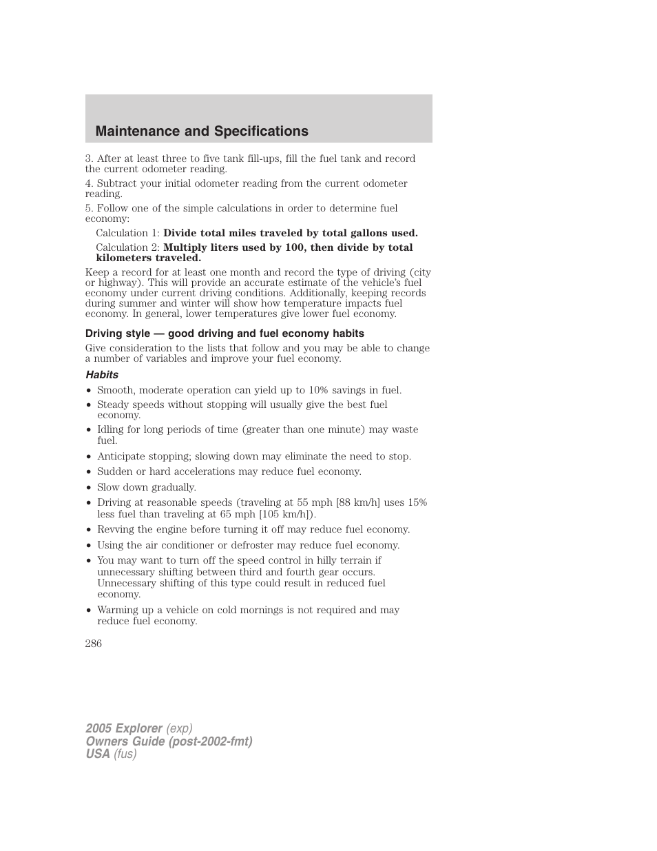 Habits, Maintenance and specifications | FORD 2005 Explorer v.3 User Manual | Page 286 / 312