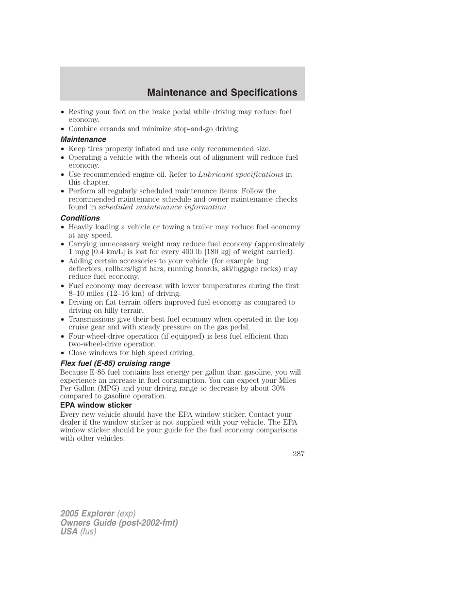 Maintenance, Conditions, Flex fuel (e-85) cruising range | Epa window sticker, Maintenance and specifications | FORD 2005 Explorer v.3 User Manual | Page 287 / 312