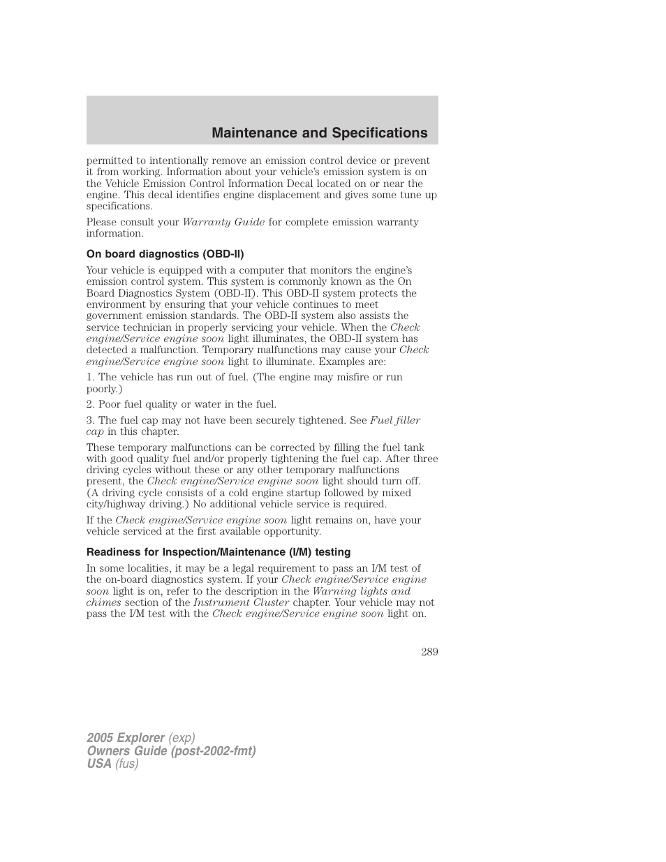 On board diagnostics (obd-ii), Readiness for inspection/maintenance (i/m) testing, Maintenance and specifications | FORD 2005 Explorer v.3 User Manual | Page 289 / 312