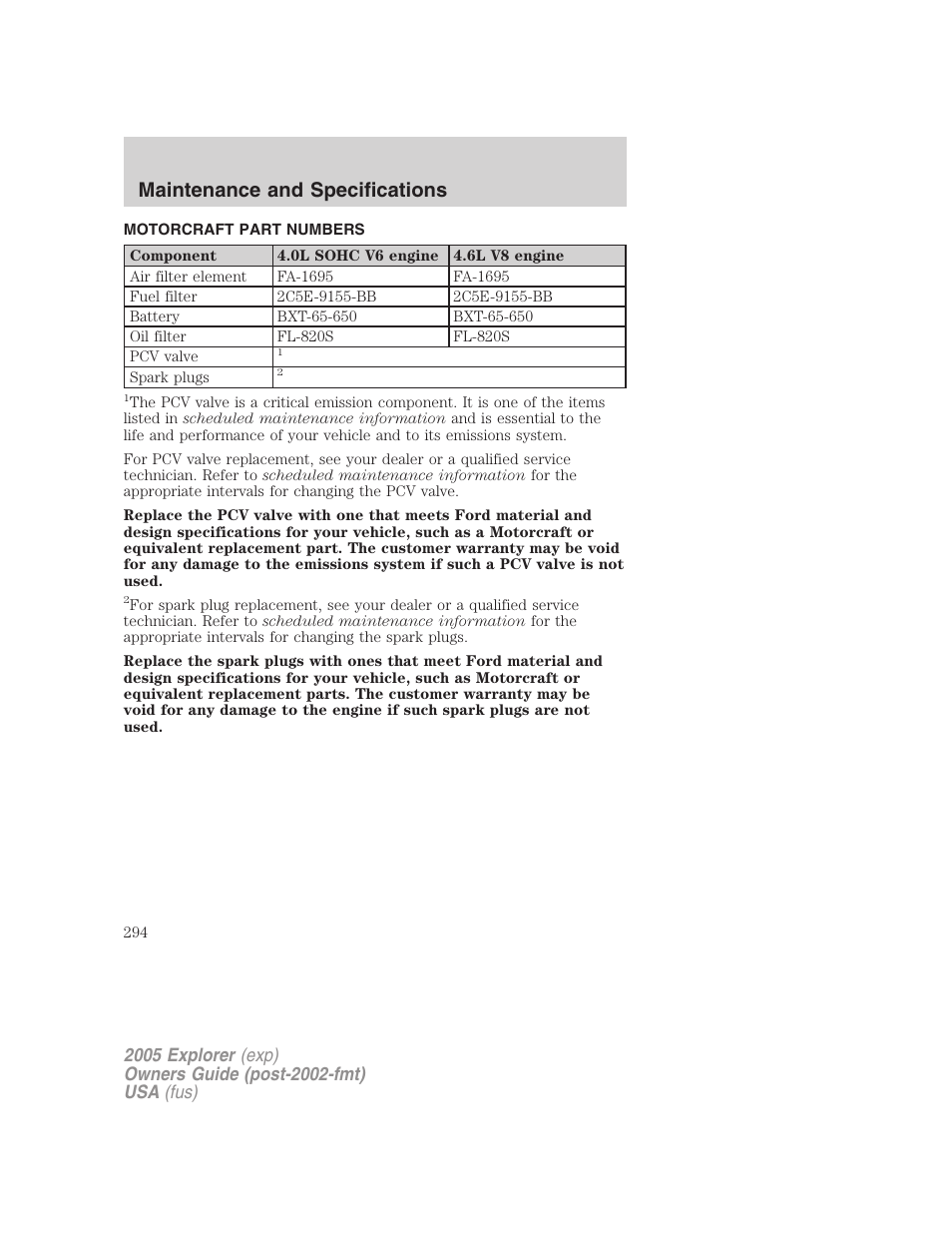 Motorcraft part numbers, Part numbers, Maintenance and specifications | FORD 2005 Explorer v.3 User Manual | Page 294 / 312