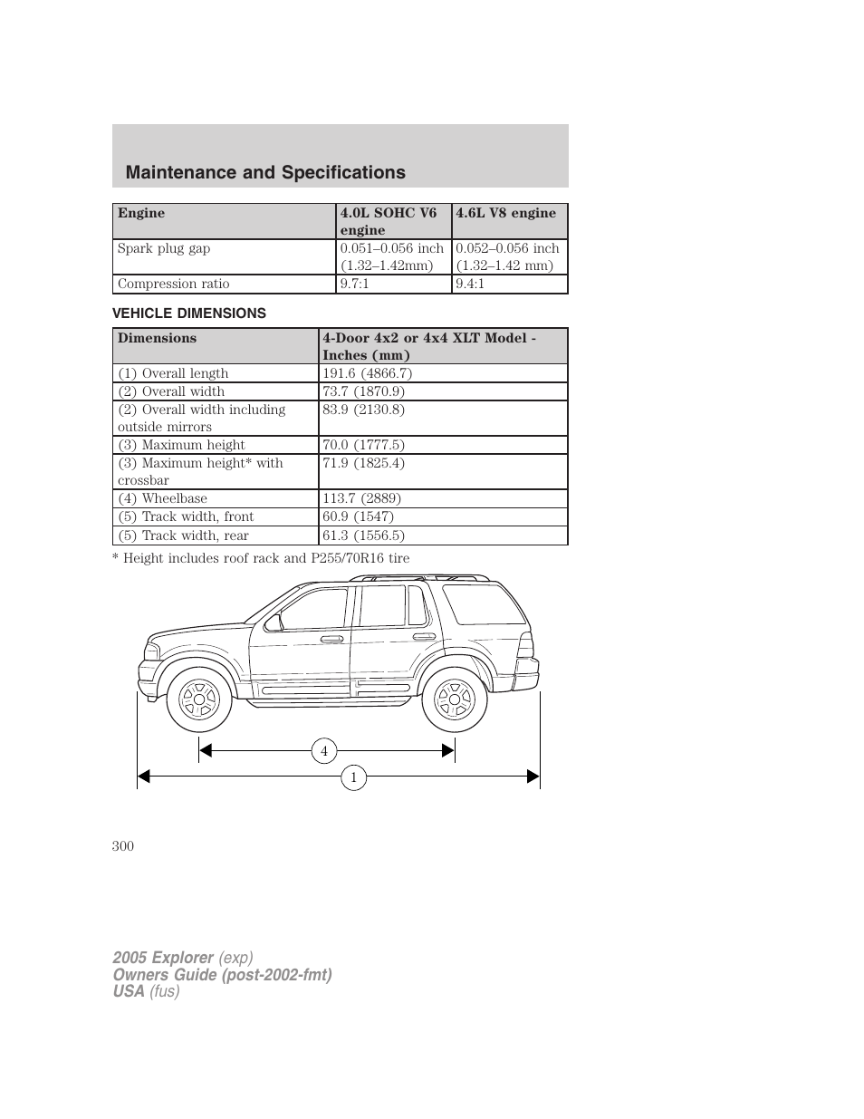 Vehicle dimensions, Maintenance and specifications | FORD 2005 Explorer v.3 User Manual | Page 300 / 312