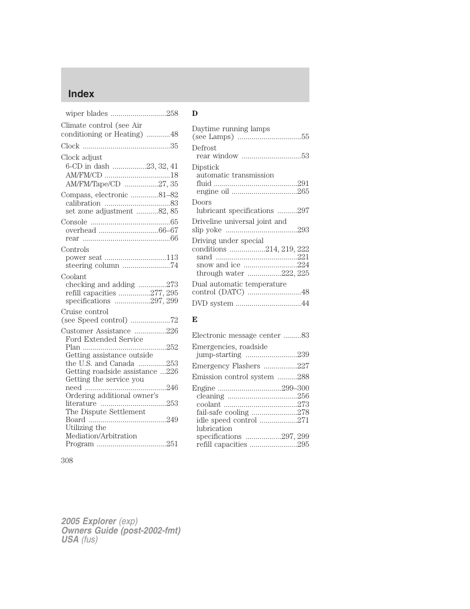 Index | FORD 2005 Explorer v.3 User Manual | Page 308 / 312