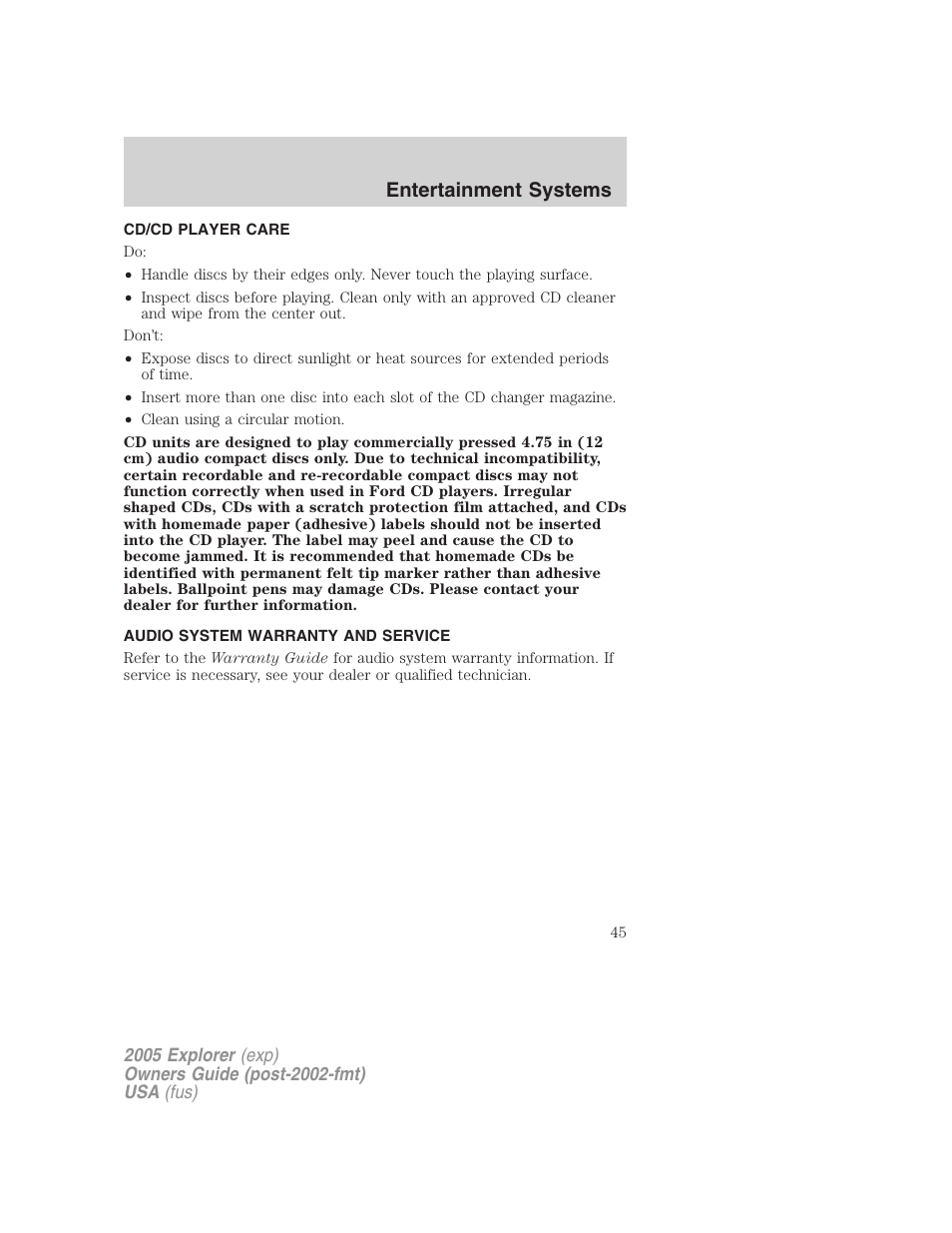 Cd/cd player care, Audio system warranty and service, Entertainment systems | FORD 2005 Explorer v.3 User Manual | Page 45 / 312