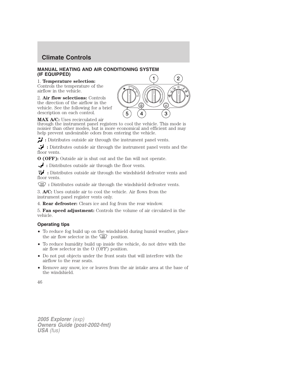 Climate controls, Operating tips, Manual heating and air conditioning | FORD 2005 Explorer v.3 User Manual | Page 46 / 312