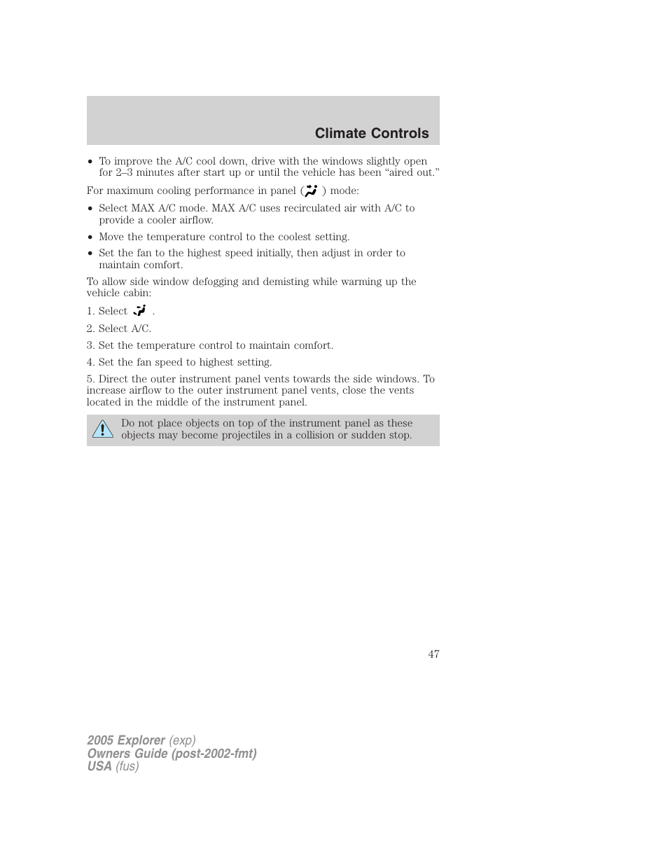 Climate controls | FORD 2005 Explorer v.3 User Manual | Page 47 / 312