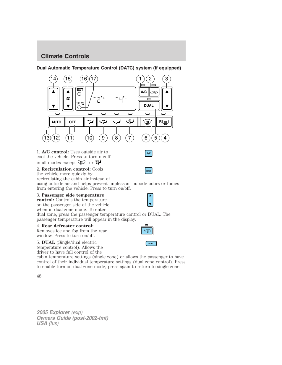 Automatic temperature control, Climate controls | FORD 2005 Explorer v.3 User Manual | Page 48 / 312