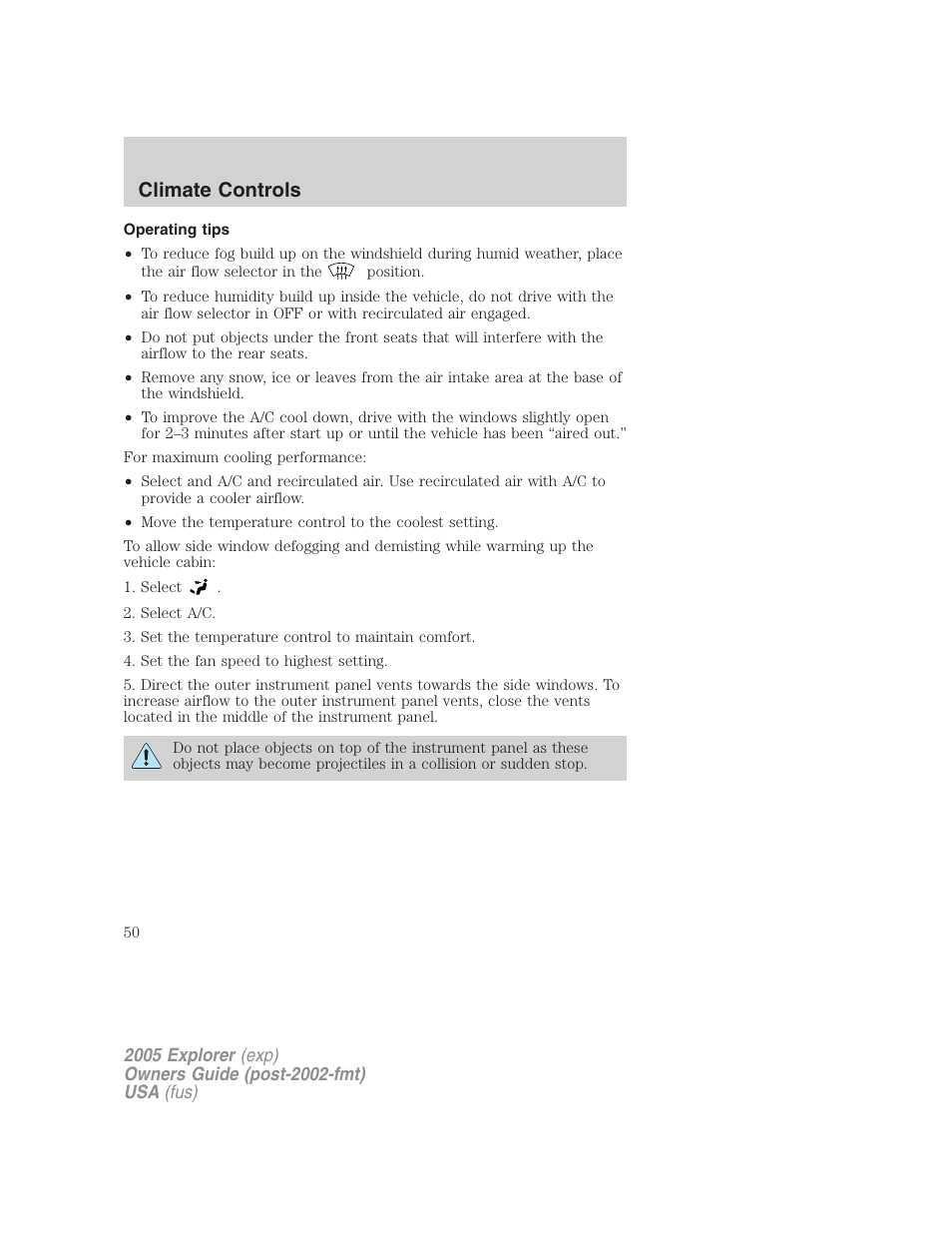 Operating tips, Climate controls | FORD 2005 Explorer v.3 User Manual | Page 50 / 312