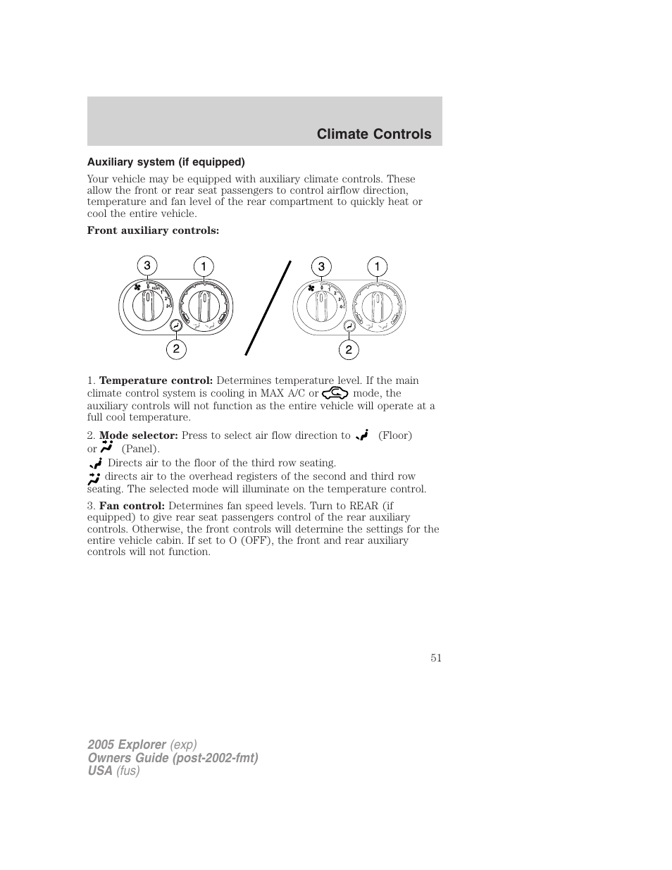 Auxiliary system (if equipped), Auxiliary passenger climate control, Climate controls | FORD 2005 Explorer v.3 User Manual | Page 51 / 312