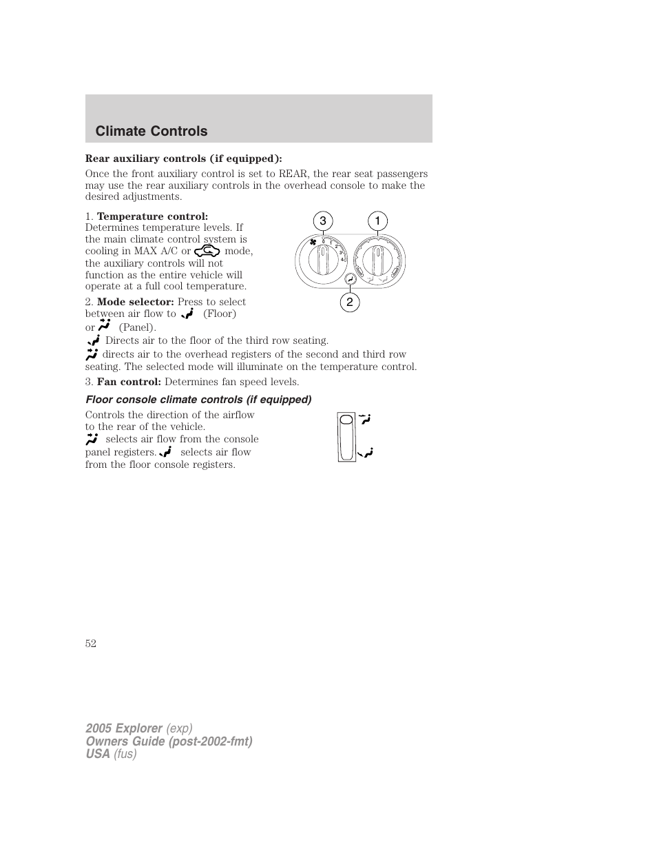 Floor console climate controls (if equipped), Climate controls | FORD 2005 Explorer v.3 User Manual | Page 52 / 312