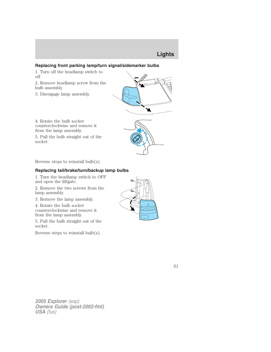 Replacing tail/brake/turn/backup lamp bulbs, Lights | FORD 2005 Explorer v.3 User Manual | Page 61 / 312