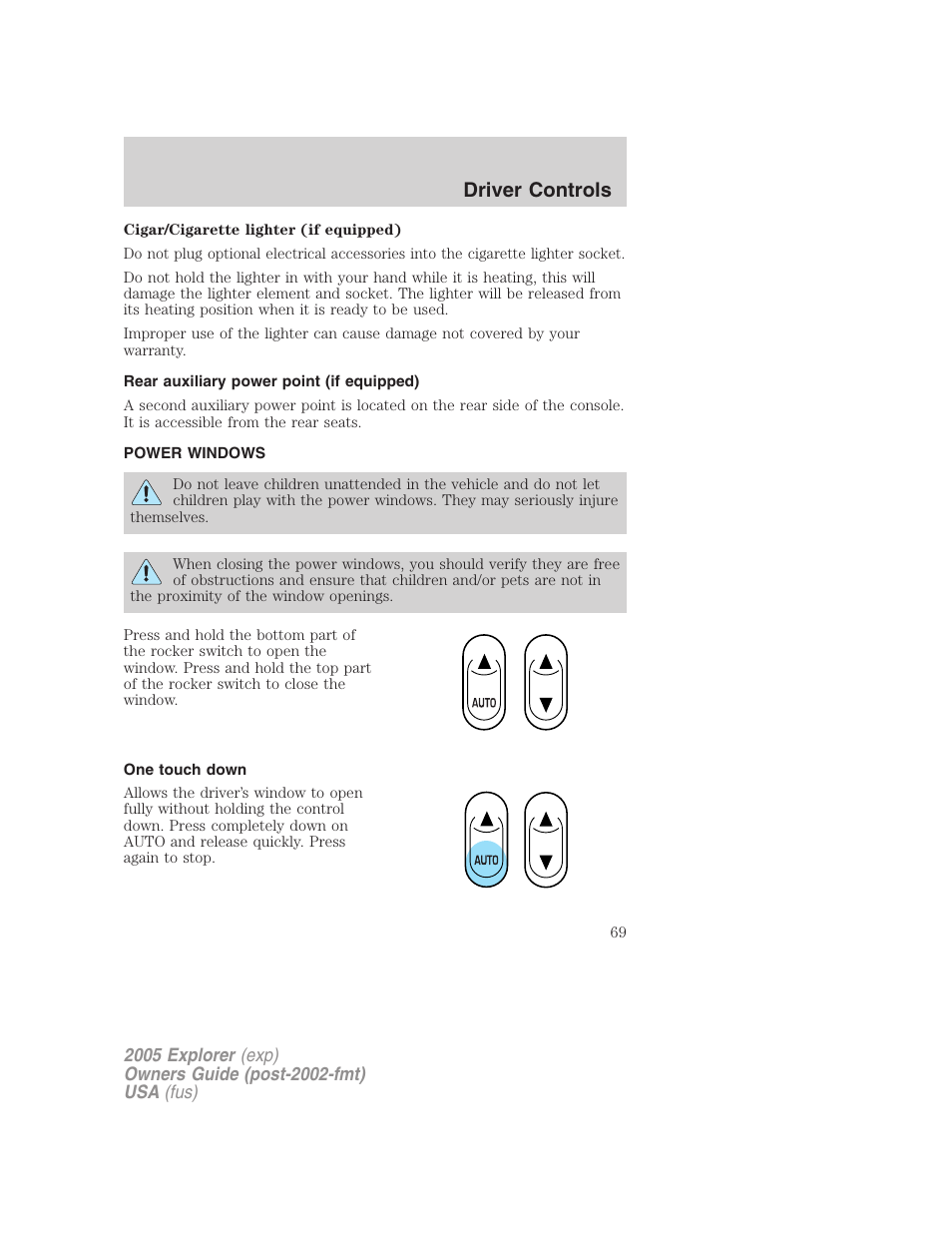 Rear auxiliary power point (if equipped), Power windows, One touch down | Driver controls | FORD 2005 Explorer v.3 User Manual | Page 69 / 312