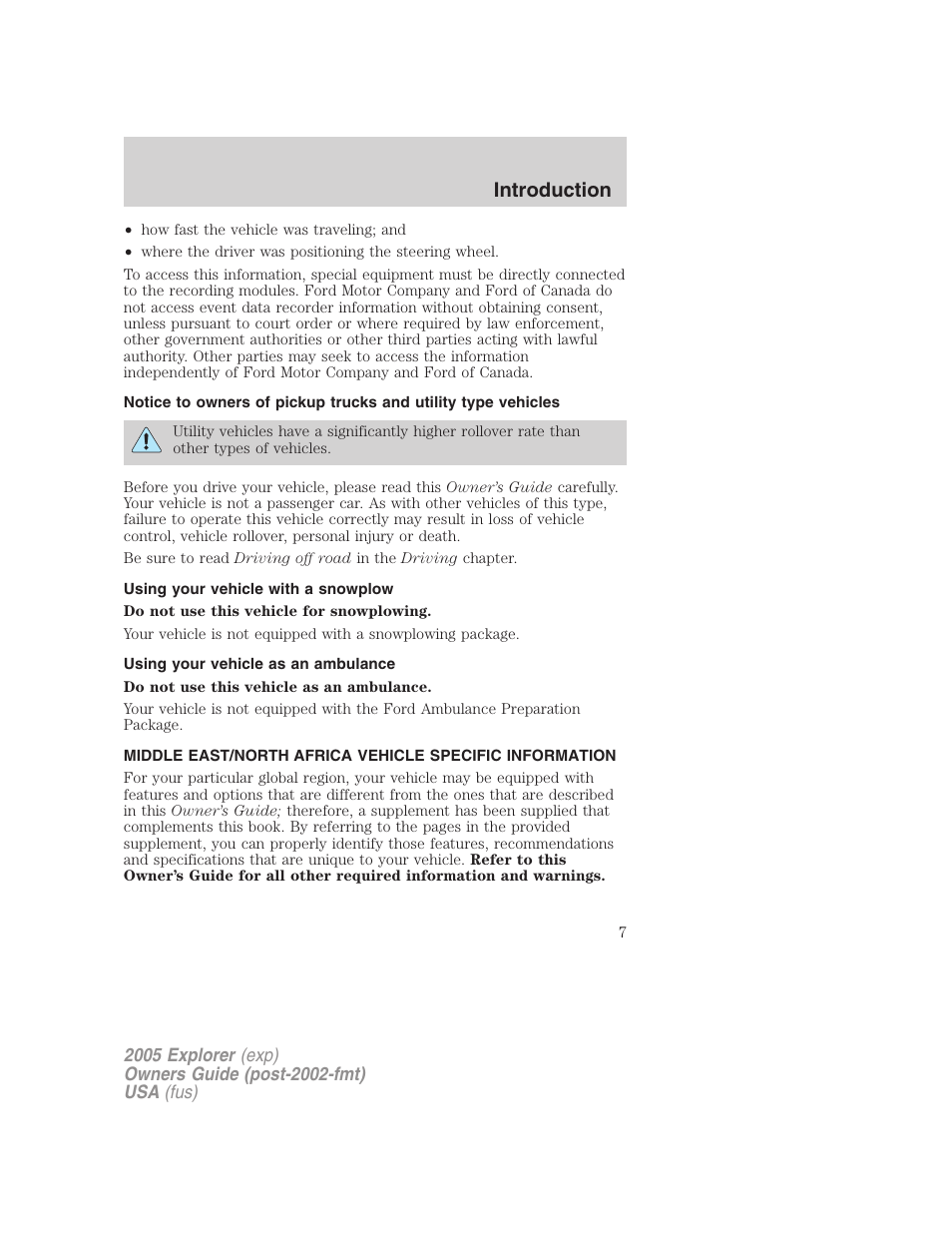 Using your vehicle with a snowplow, Using your vehicle as an ambulance, Introduction | FORD 2005 Explorer v.3 User Manual | Page 7 / 312