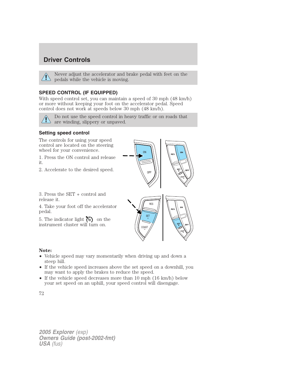 Speed control (if equipped), Setting speed control, Speed control | Driver controls | FORD 2005 Explorer v.3 User Manual | Page 72 / 312