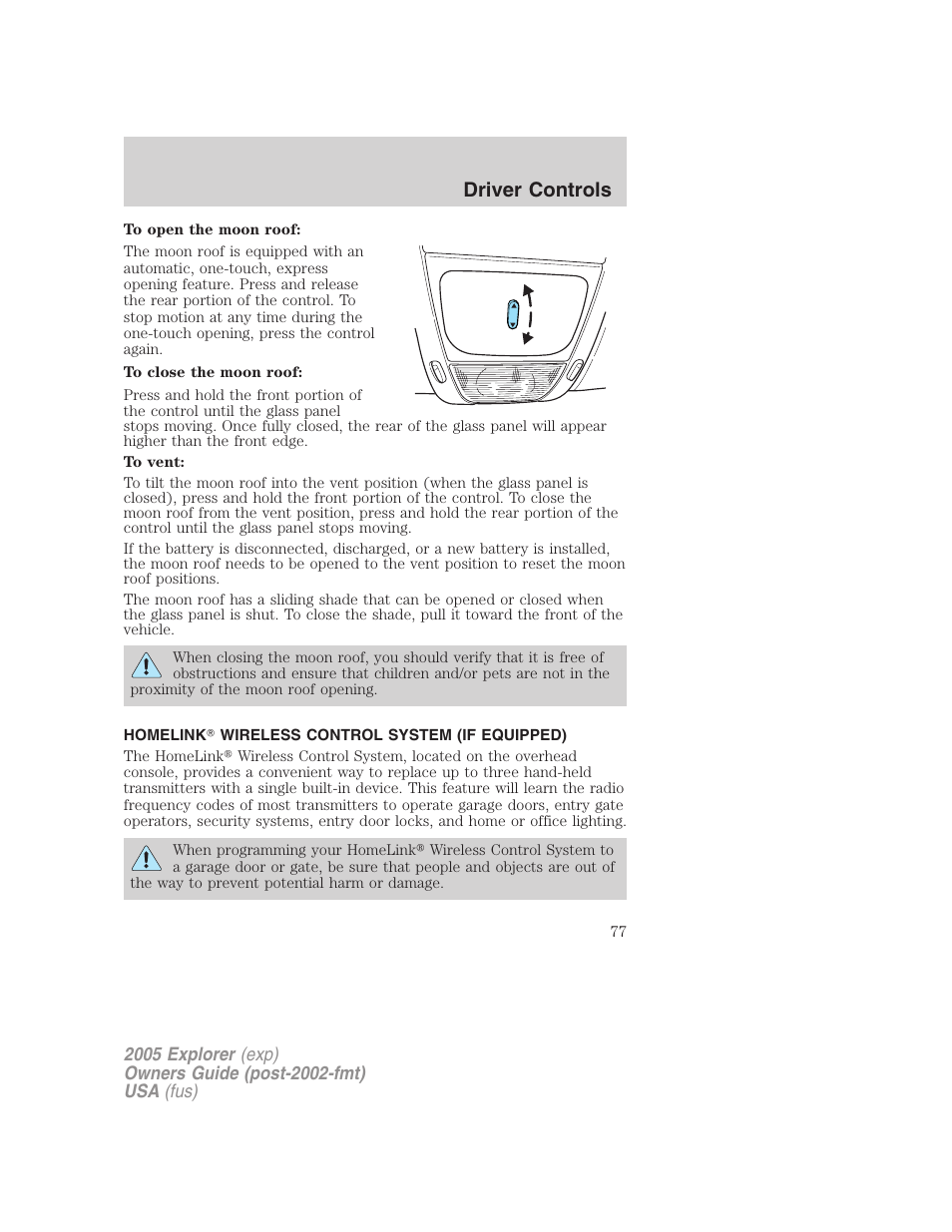 Homelink wireless control system (if equipped), Driver controls | FORD 2005 Explorer v.3 User Manual | Page 77 / 312