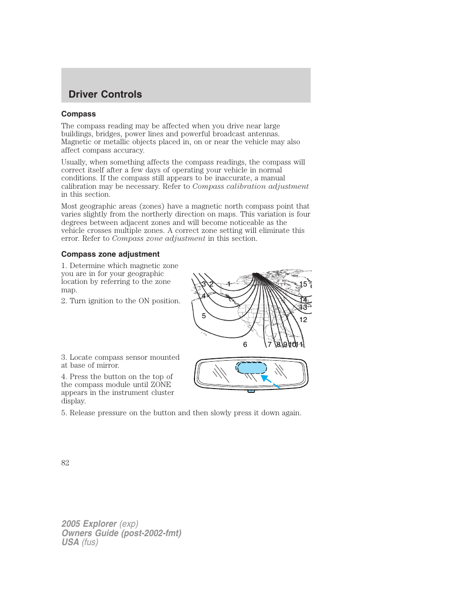 Compass, Compass zone adjustment, Driver controls | FORD 2005 Explorer v.3 User Manual | Page 82 / 312