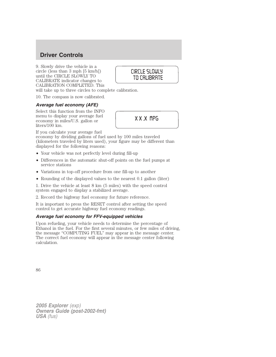 Average fuel economy (afe), Average fuel economy for ffv-equipped vehicles, Driver controls | FORD 2005 Explorer v.3 User Manual | Page 86 / 312