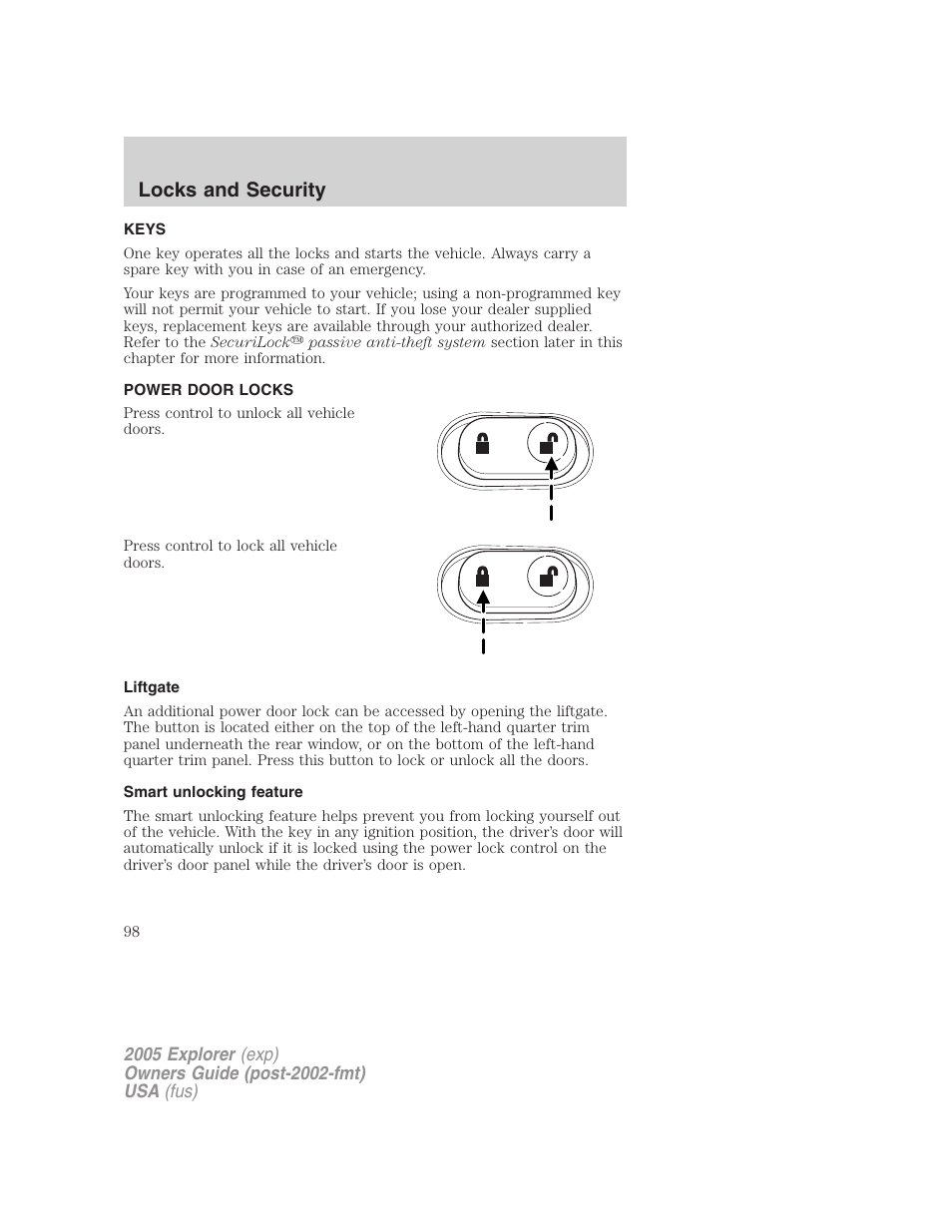 Locks and security, Keys, Power door locks | Liftgate, Smart unlocking feature, Locks | FORD 2005 Explorer v.3 User Manual | Page 98 / 312