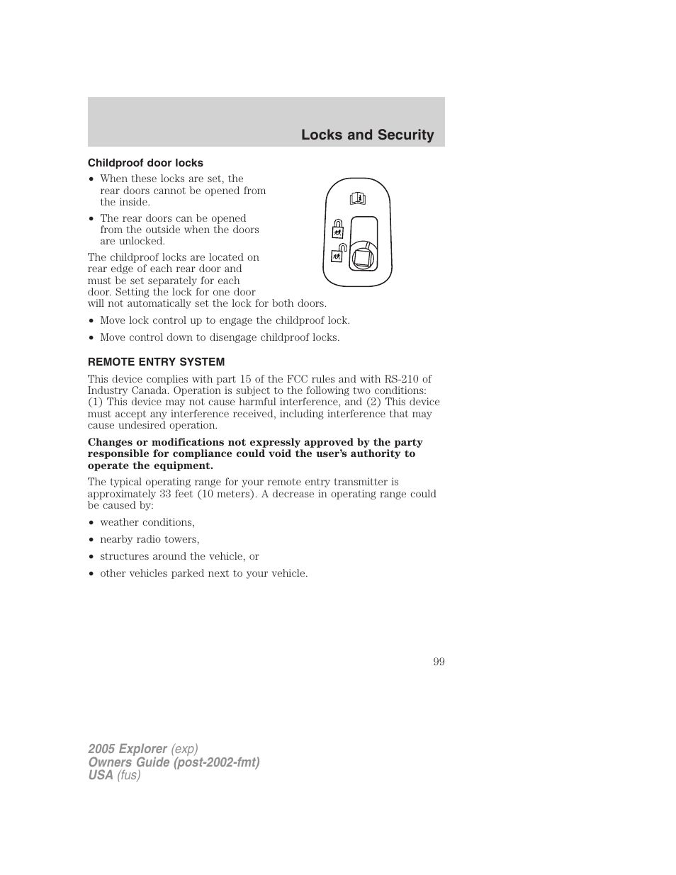 Childproof door locks, Remote entry system, Anti-theft system | Locks and security | FORD 2005 Explorer v.3 User Manual | Page 99 / 312