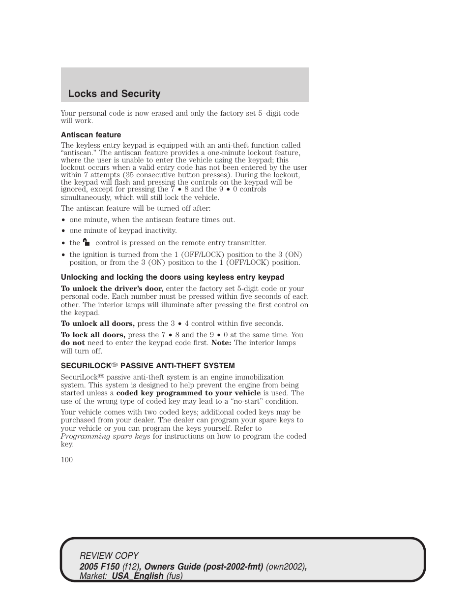 Locks and security | FORD 2005 F-150 v.1 User Manual | Page 100 / 312