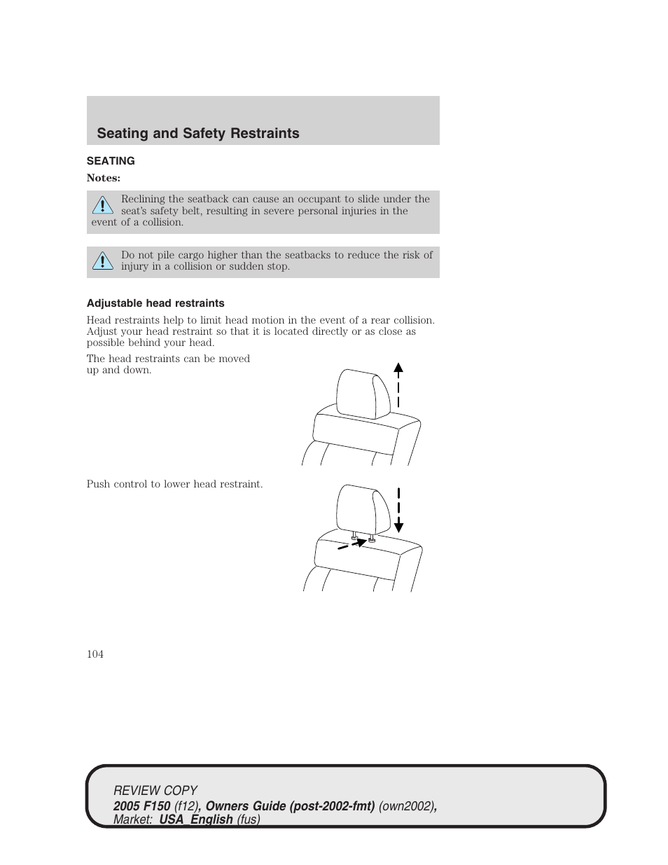 Seating and safety restraints | FORD 2005 F-150 v.1 User Manual | Page 104 / 312