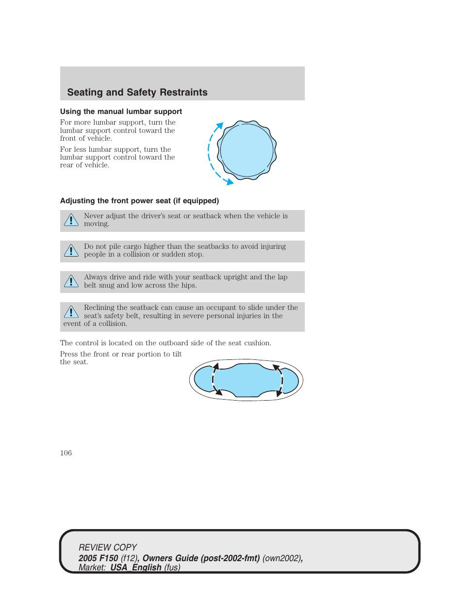 Seating and safety restraints | FORD 2005 F-150 v.1 User Manual | Page 106 / 312