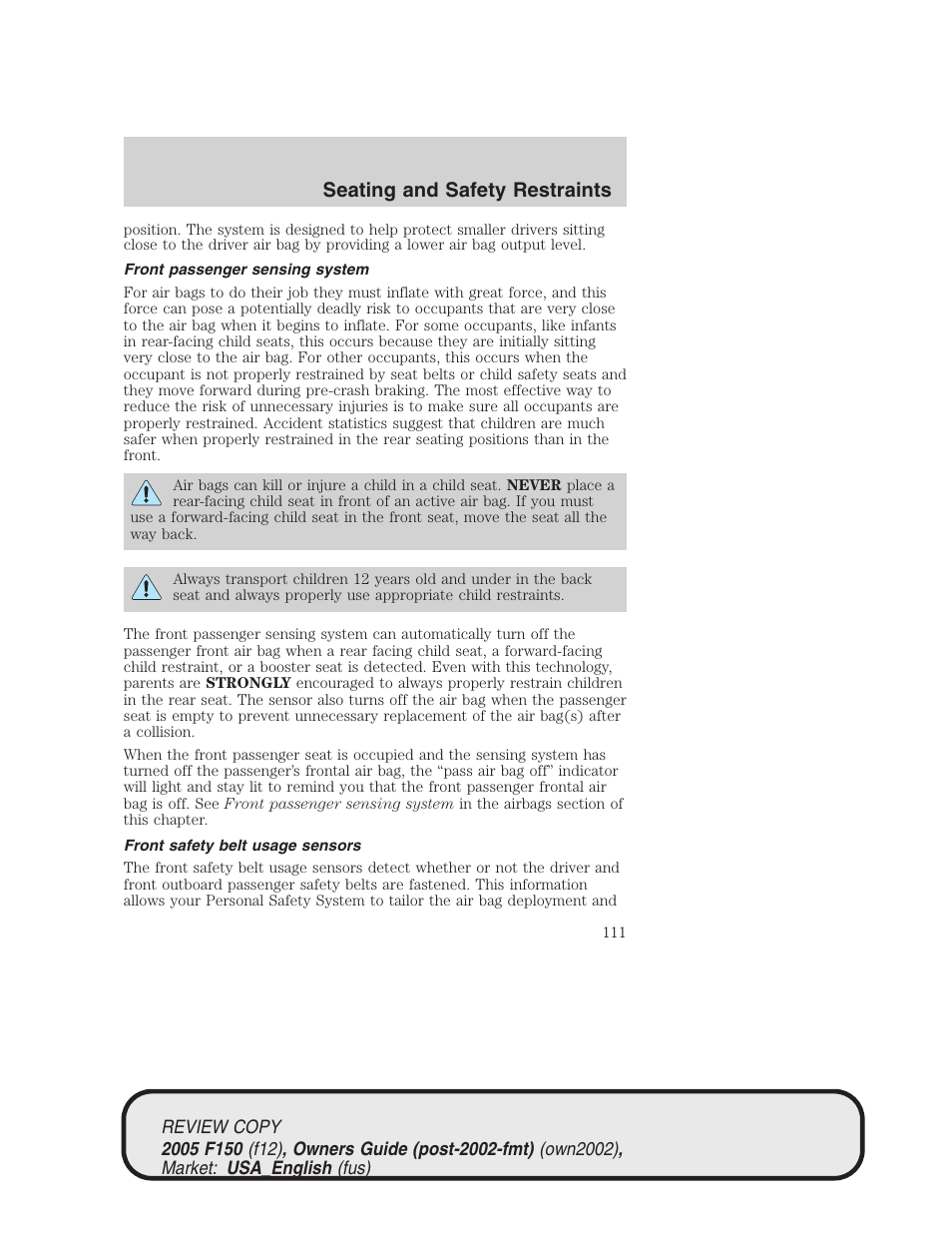 Seating and safety restraints | FORD 2005 F-150 v.1 User Manual | Page 111 / 312