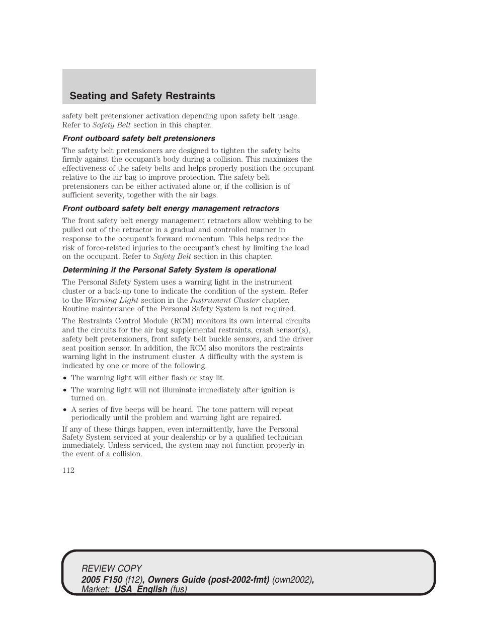 Seating and safety restraints | FORD 2005 F-150 v.1 User Manual | Page 112 / 312