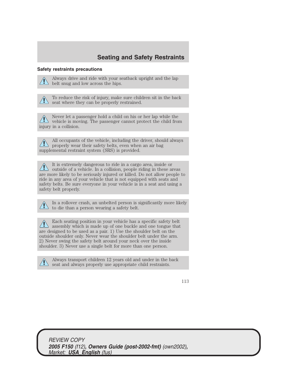 Seating and safety restraints | FORD 2005 F-150 v.1 User Manual | Page 113 / 312