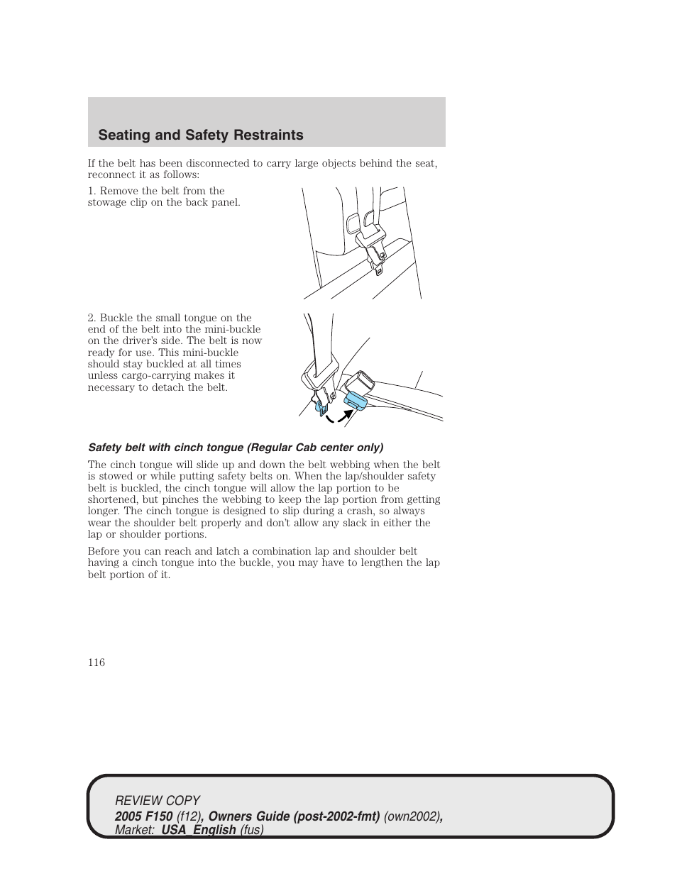 Seating and safety restraints | FORD 2005 F-150 v.1 User Manual | Page 116 / 312