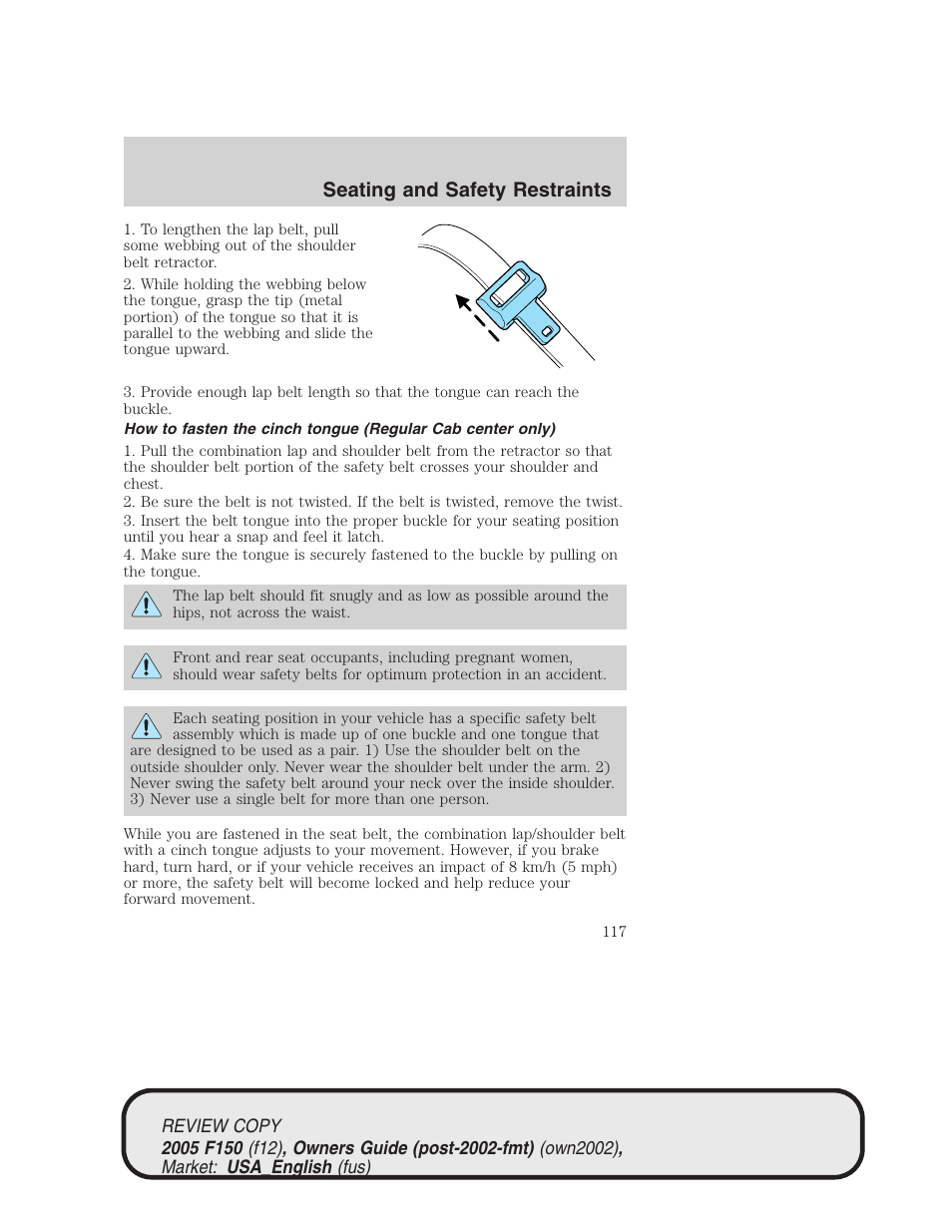 Seating and safety restraints | FORD 2005 F-150 v.1 User Manual | Page 117 / 312