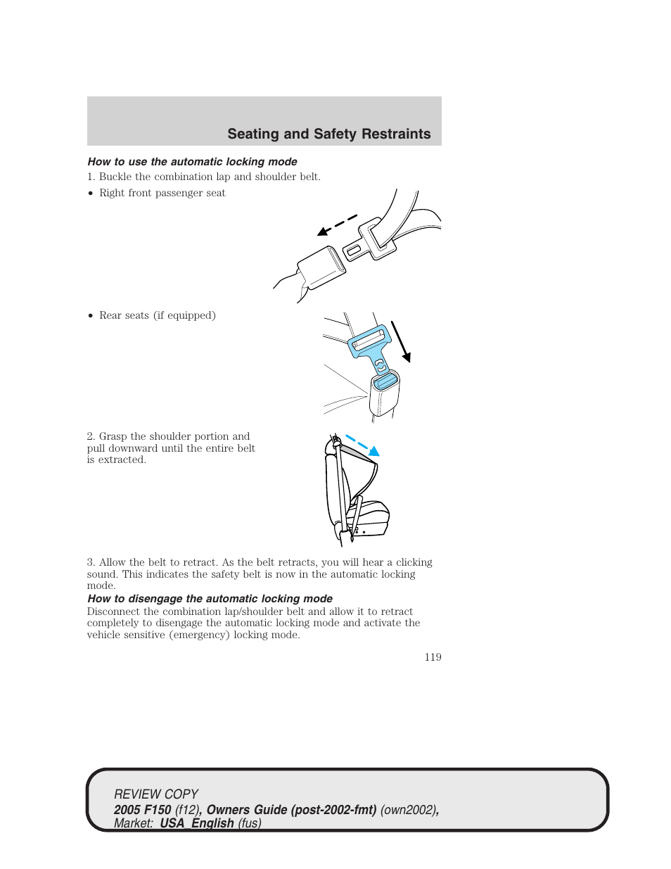 Seating and safety restraints | FORD 2005 F-150 v.1 User Manual | Page 119 / 312