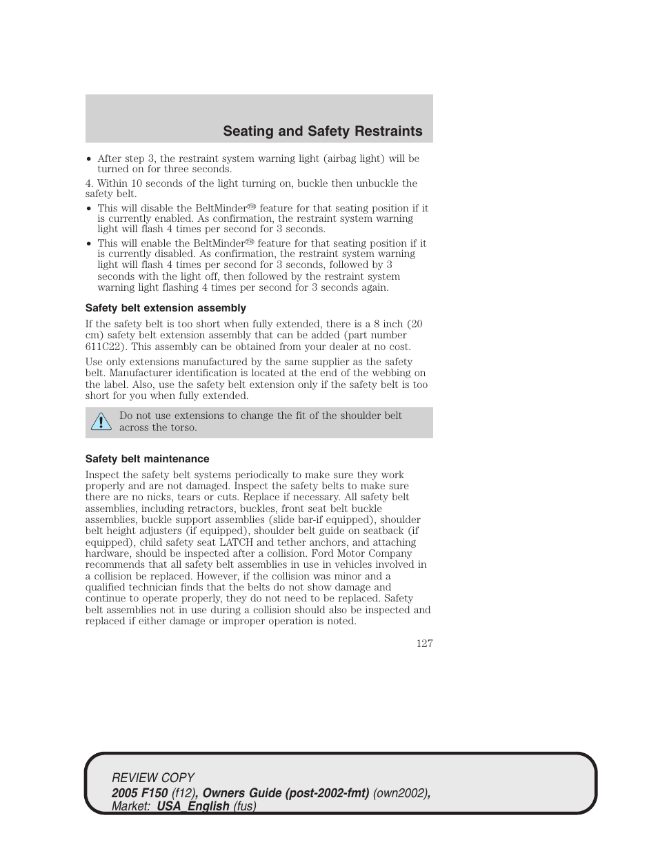 Seating and safety restraints | FORD 2005 F-150 v.1 User Manual | Page 127 / 312
