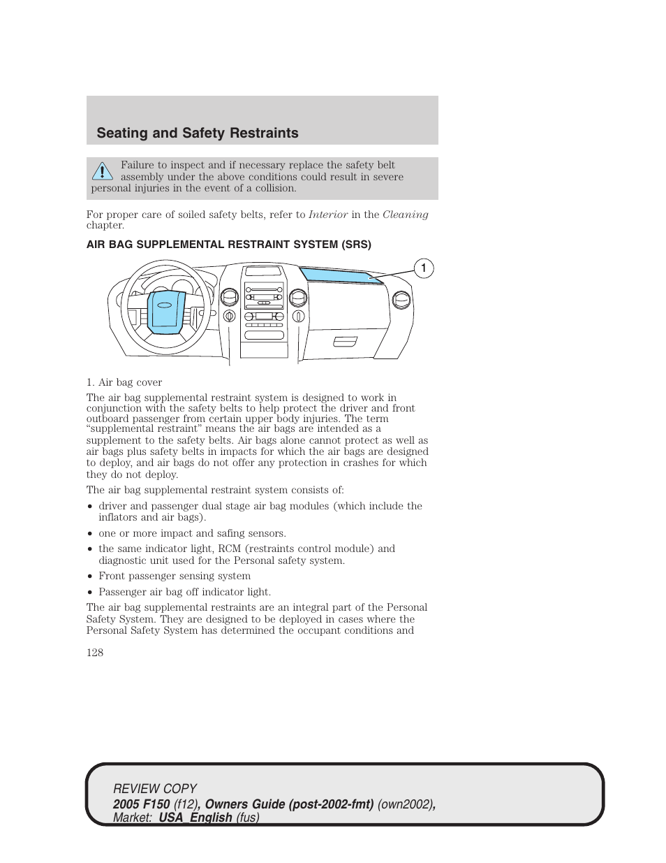 Seating and safety restraints | FORD 2005 F-150 v.1 User Manual | Page 128 / 312