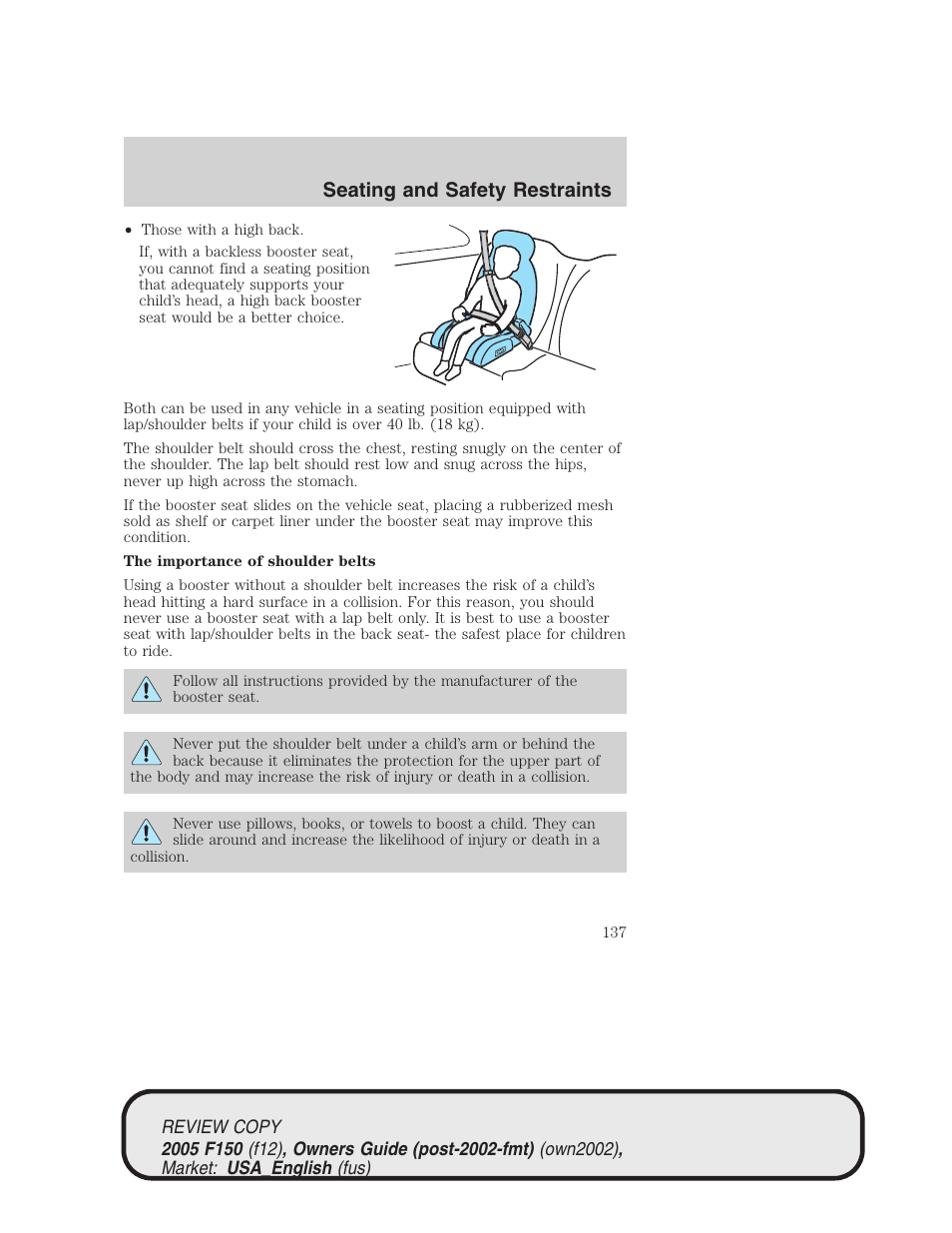 Seating and safety restraints | FORD 2005 F-150 v.1 User Manual | Page 137 / 312