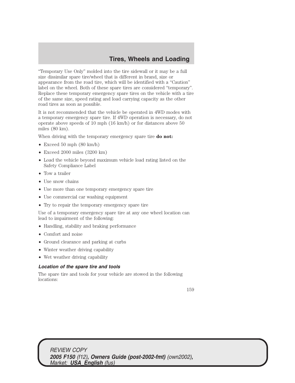 Tires, wheels and loading | FORD 2005 F-150 v.1 User Manual | Page 159 / 312