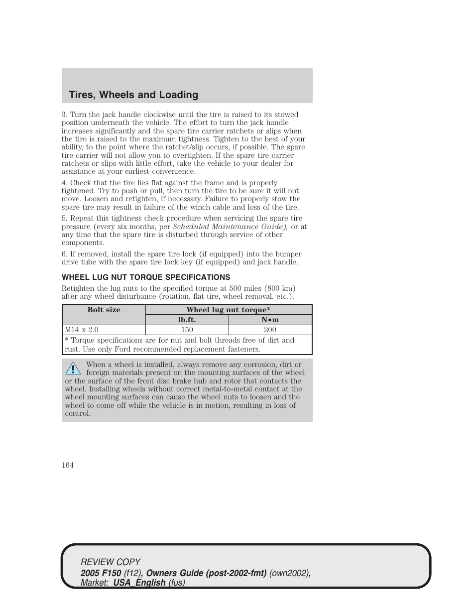 Tires, wheels and loading | FORD 2005 F-150 v.1 User Manual | Page 164 / 312