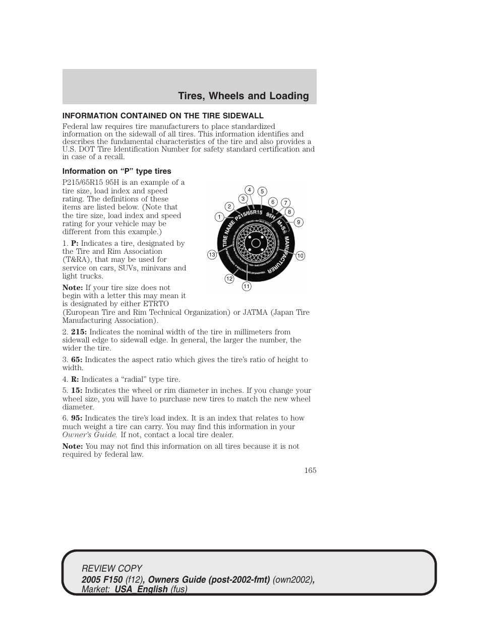 Tires, wheels and loading | FORD 2005 F-150 v.1 User Manual | Page 165 / 312